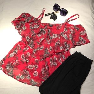 Pink Floral Cold Shoulder Blouse